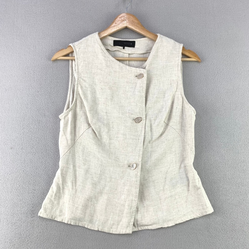 Zara Asymmetric Button Front Vest Top Women M Beige Linen Blend Sleeveless Top